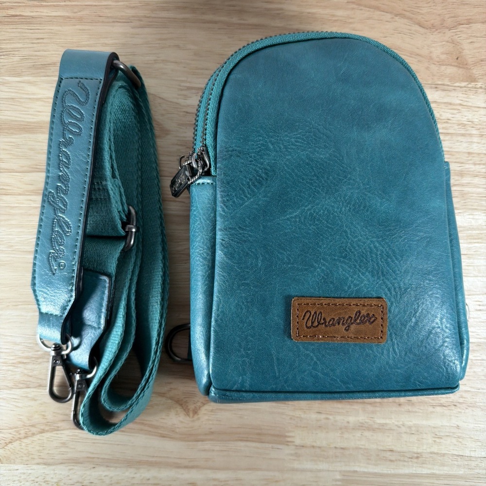 Wrangler Mini Sling Crossbody Bag Distressed Faux Leather Green Blue Western